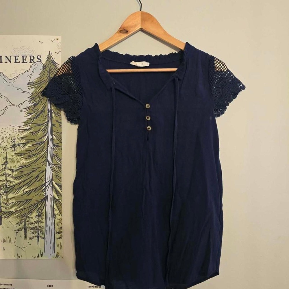MINE Women's Navy Blue Boho Lace Blouse